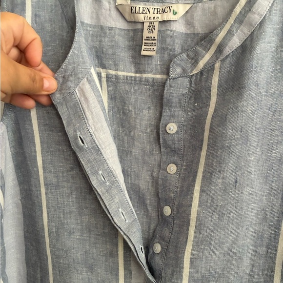 Ellen Tracy Linen Sleeveless Top Womens Blue White Stripe Button Up Neckline S - Picture 8 of 15